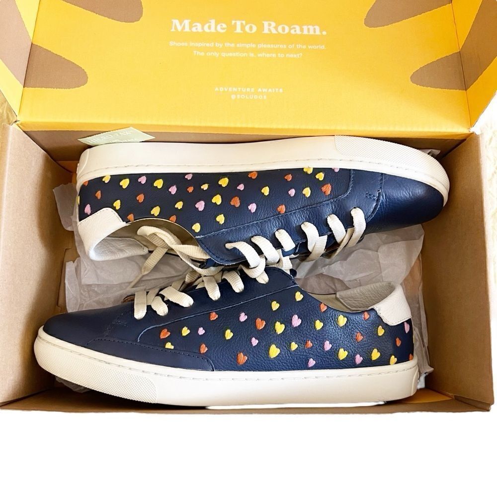 Soludos Queen Of Hearts Genuine Leather Embroidered Ibiza Sneakers, Blue Size 10